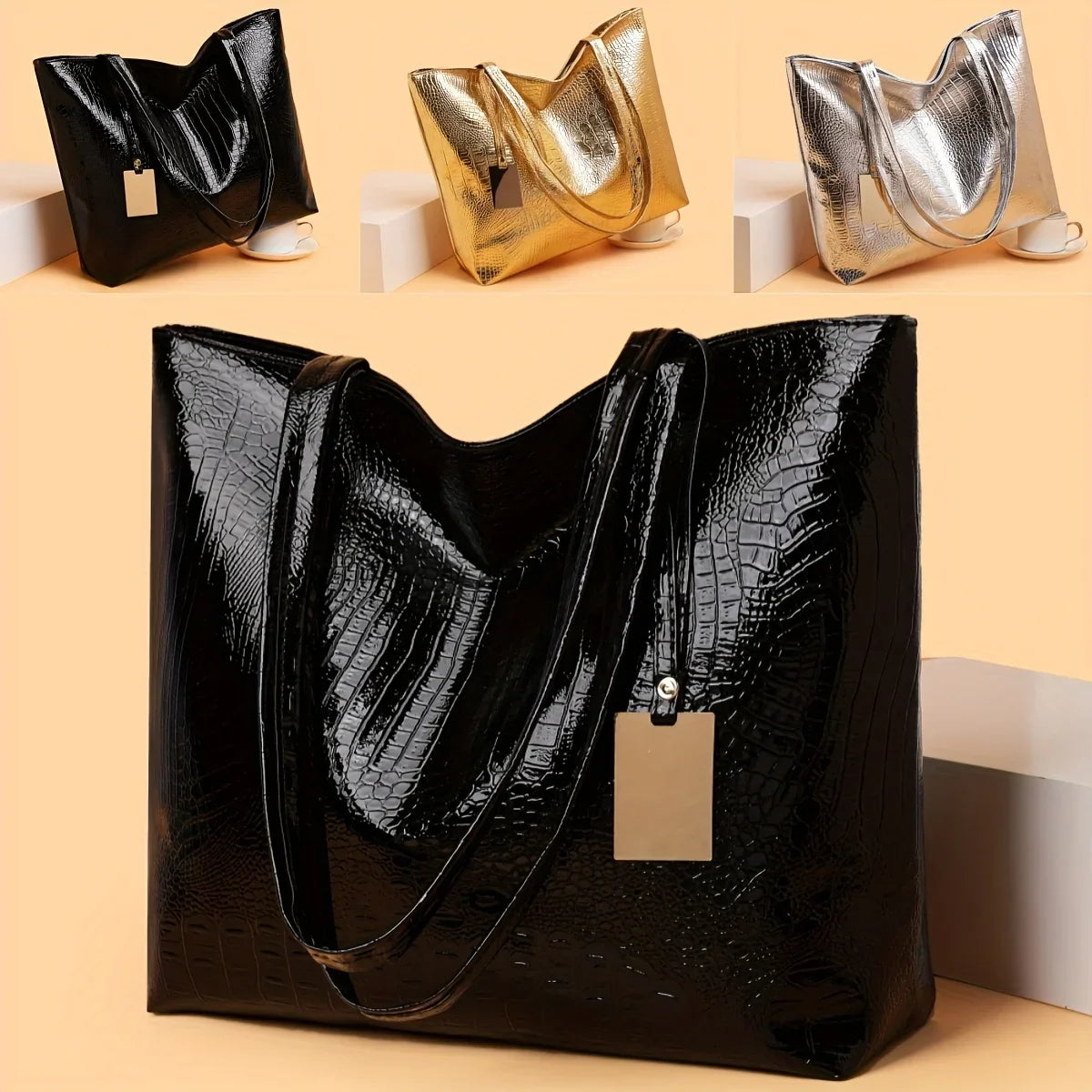 Sac Cabas Vintage Grande Capacité — Tote Bag Finition Métallique Femme Bureau