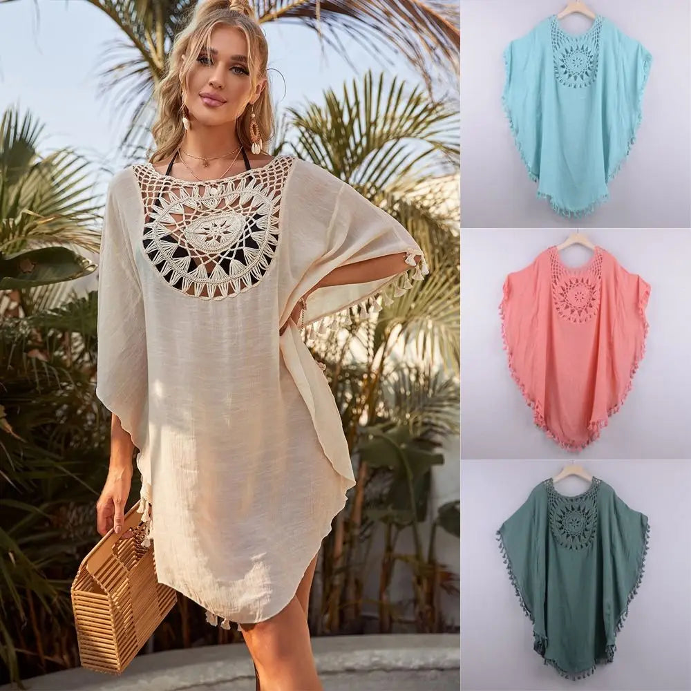 Tunique Cover-Up Plage Tricot Ajourné à Franges — Motif Tournesol Grande Taille Femme