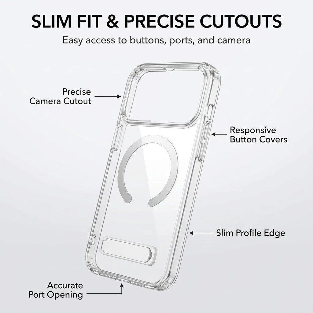 Coque Transparente Magnétique avec Support Pliable — Anti-Jaunissement Slim iPhone 11 à 17 Pro Max