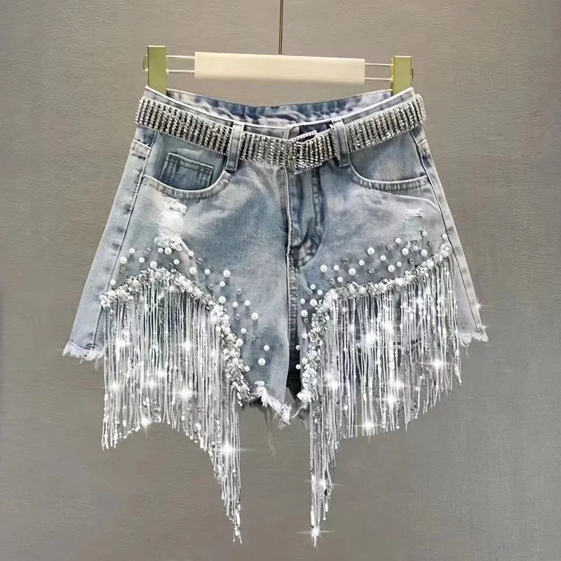 Short Jean Destroyé Femme – Ceinture Strass Franges Perles Style Streetwear