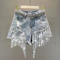Short Jean Destroyé Femme – Ceinture Strass Franges Perles Style Streetwear