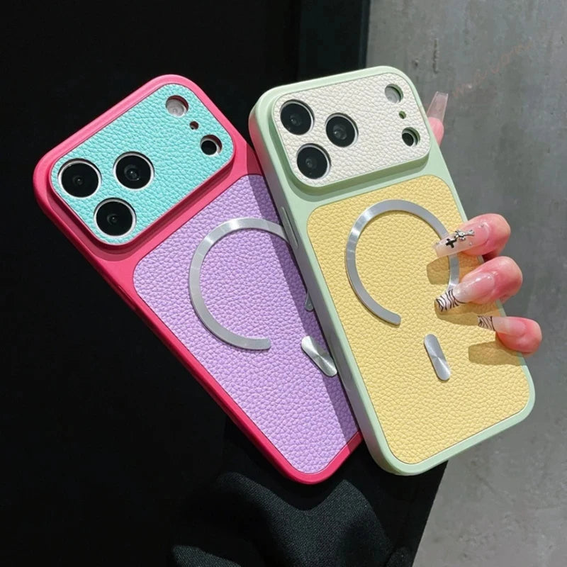 Coque Magnétique en Cuir pour iPhone — Compatible MagSafe, Toutes Séries (11 à 17 Pro Max)