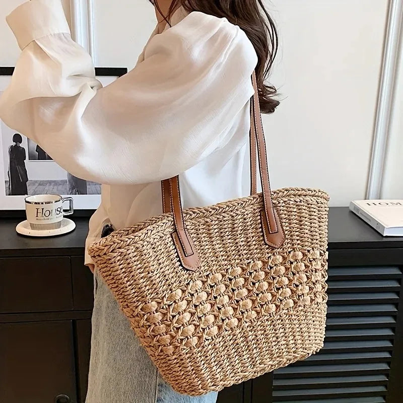 Grand Tote Bag en Paille Tressée — Sac Cabas Femme Grande Capacité Plage & Quotidien