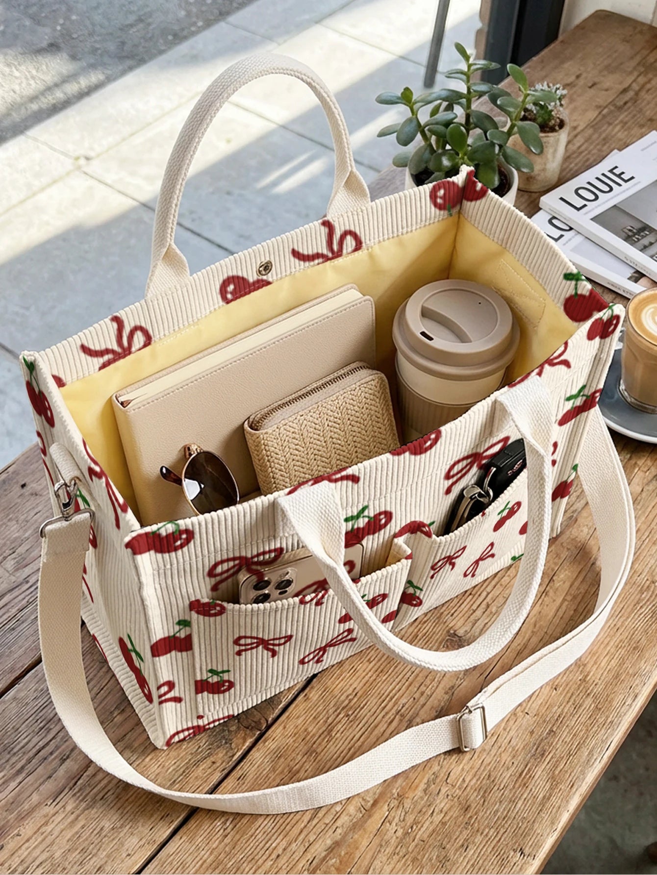 Tote Bag Velours Côtelé Motif Cerise & Nœud — Sac Cabas Grande Capacité Femme