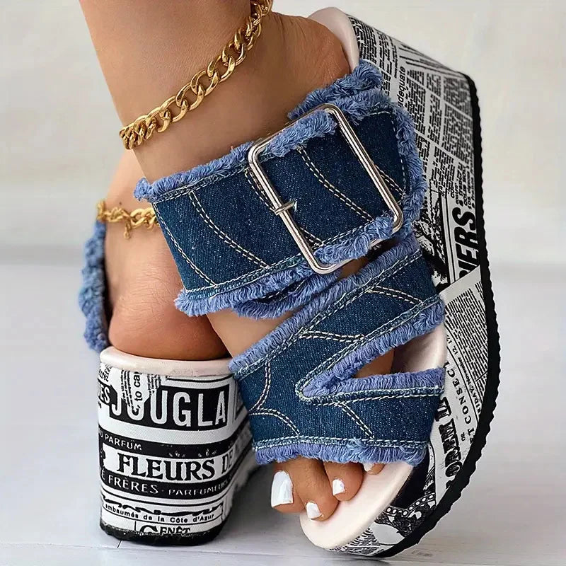 Sandales Denim Plateforme Compensées Boucle Femme — Style Casual Vacances Été 2026