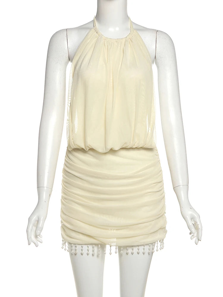 Robe Mini Mesh Perles & Glands Halter — Robe Club Sexy Dos Nu Femme