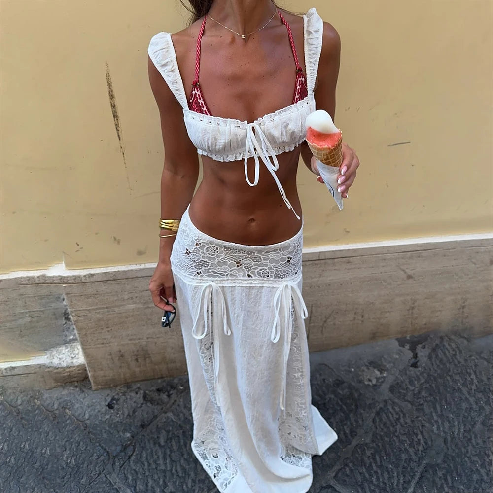 Ensemble 2 Pièces Femme Boho Vintage — Top Crop Dentelle Col Carré + Jupe Longue