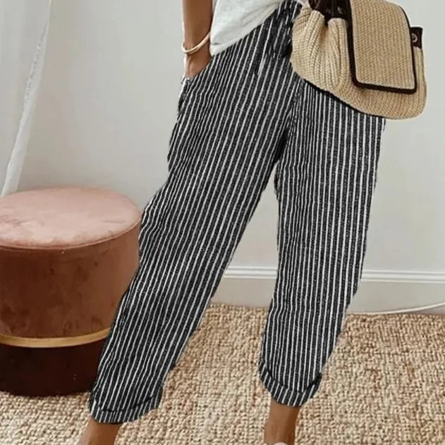 Pantalon Large Rayures Femme – Taille Élastique Casual Style Anglais
