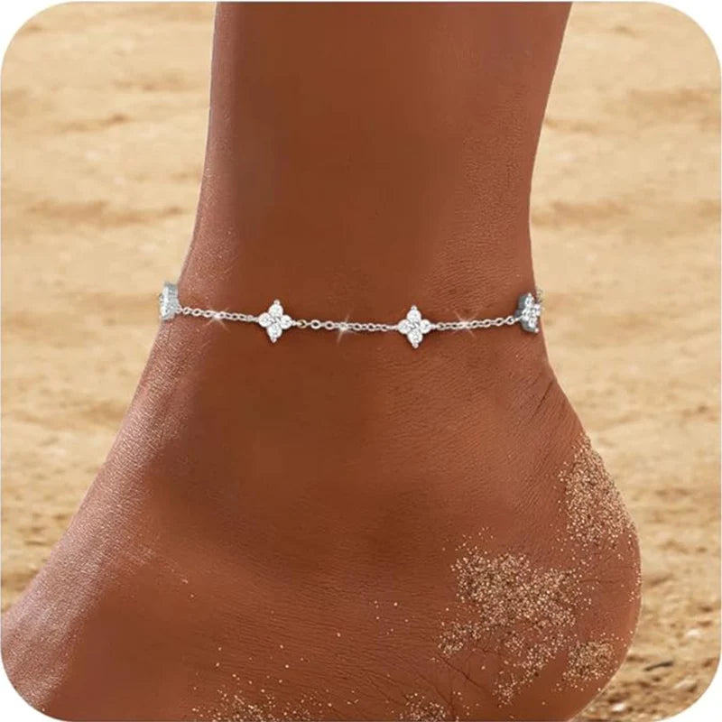 Bracelet de Cheville Trèfle Porte-Bonheur Argent 925 Zircon Femme — Bijou Pied Été