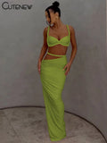 Ensemble 2 Pièces Femme — Crop Top Bretelles Plissé + Jupe Longue Taille Haute Style Vacances