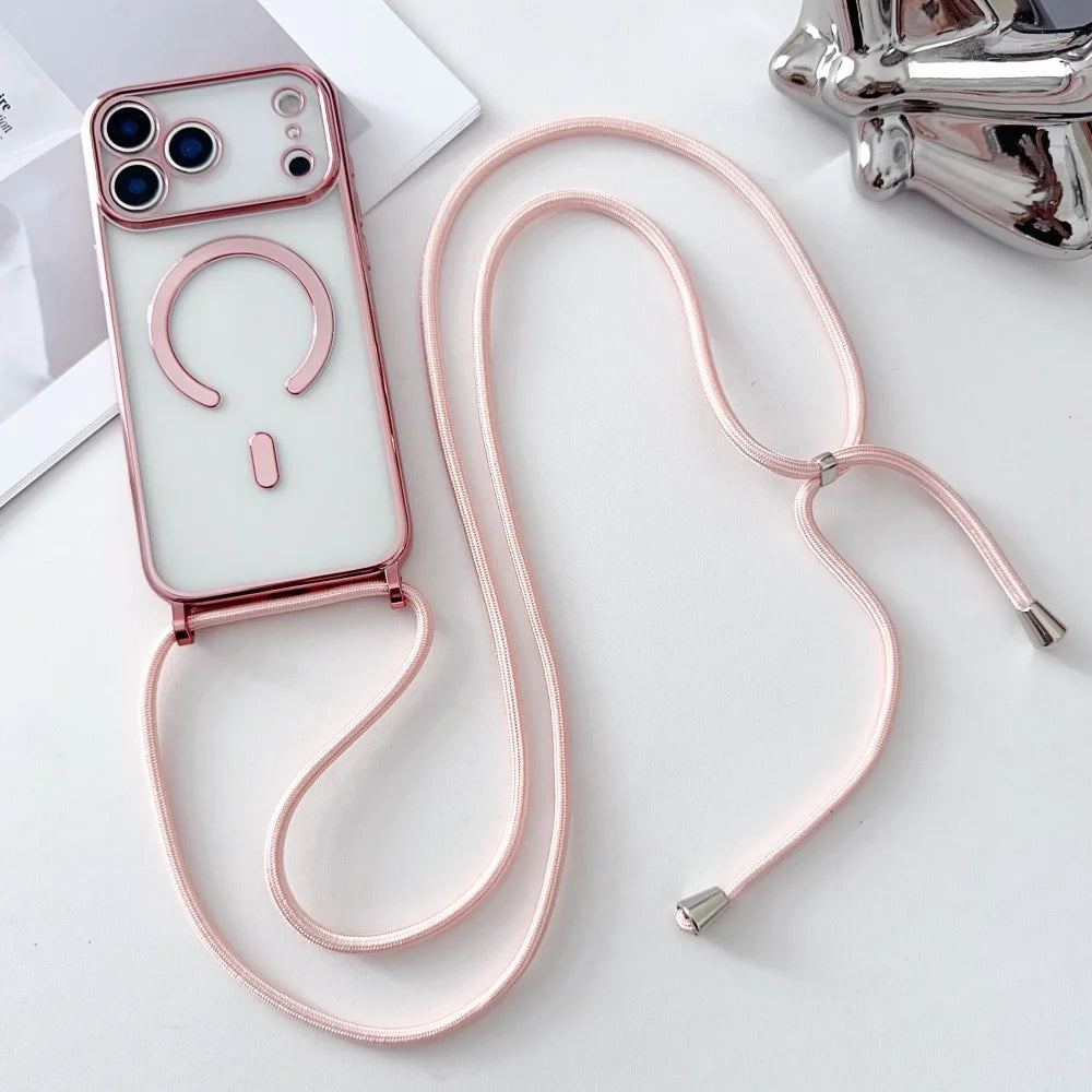 Coque Transparente Magnétique avec Lanière — iPhone 11 à 17 Pro Max, Compatible MagSafe