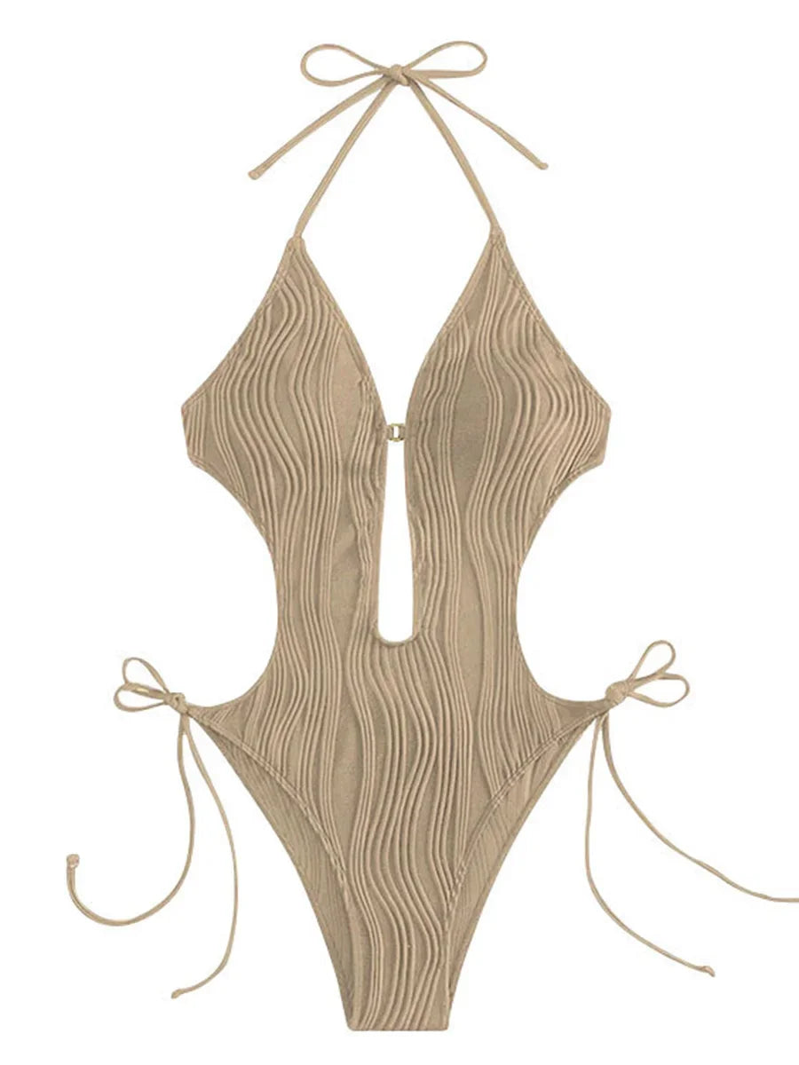 Monokini Halter V Dos Nu High Cut 2026 — Maillot Une Pièce Froncé Femme