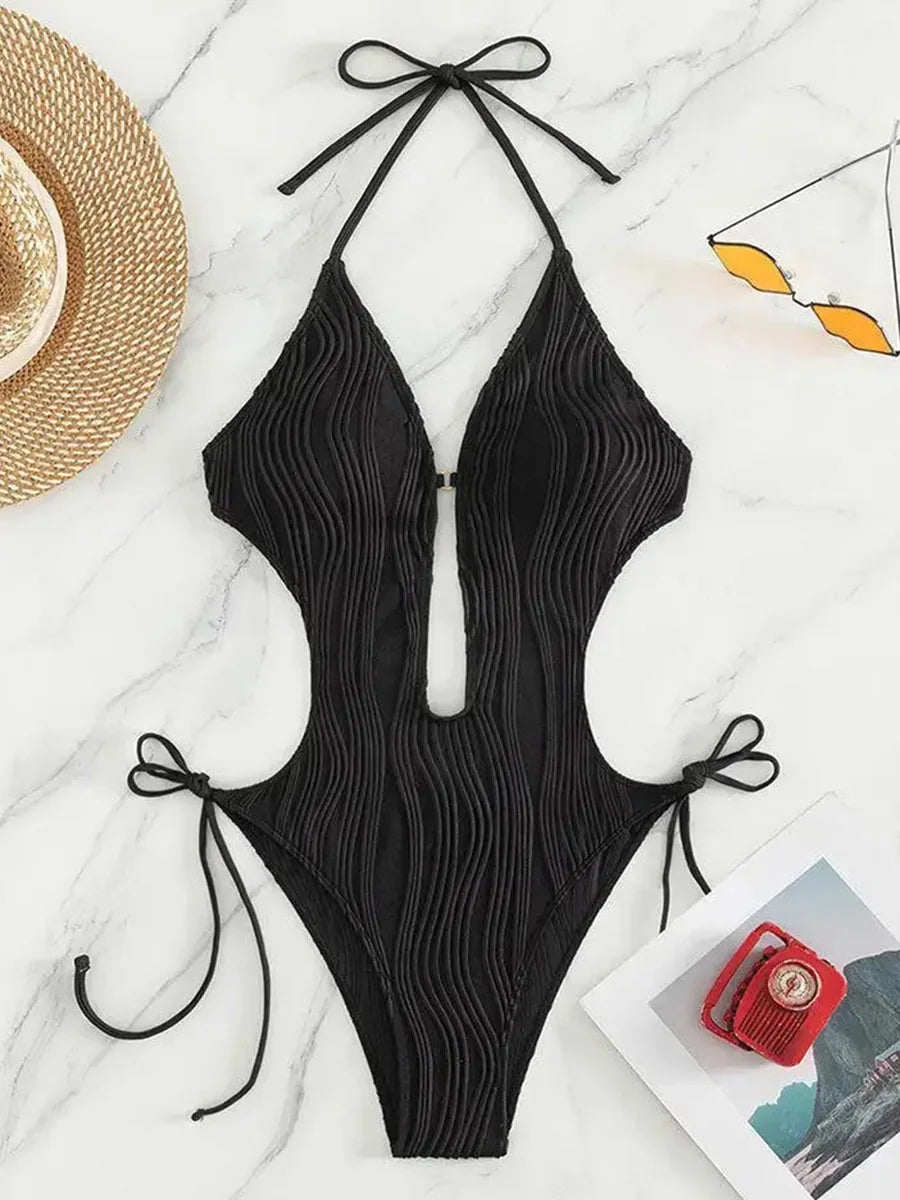 Monokini Halter V Dos Nu High Cut 2026 — Maillot Une Pièce Froncé Femme