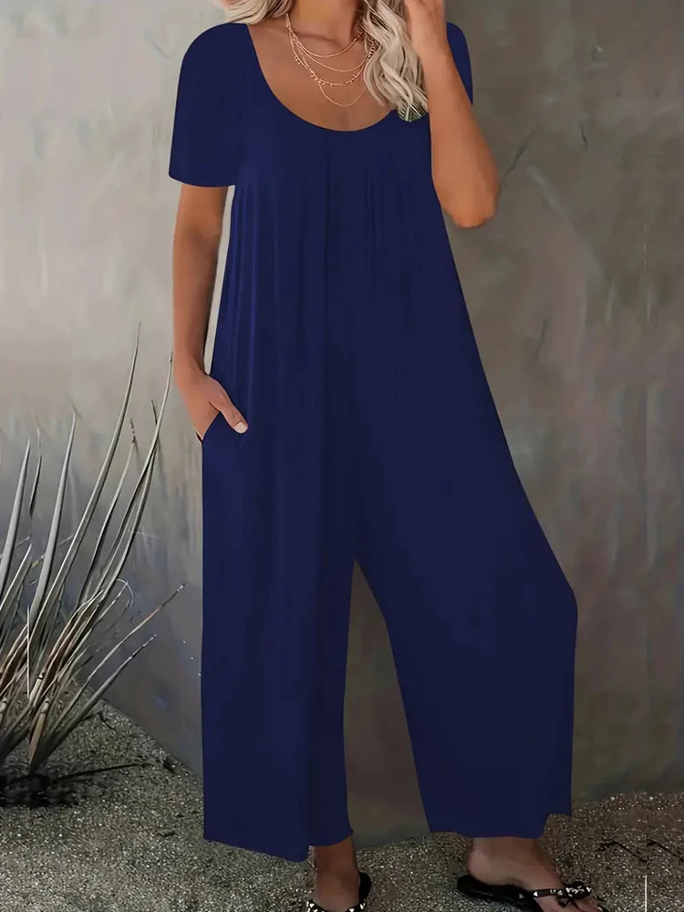 Combinaison Femme Grande Taille — Manches Courtes, Poches, Couleur Unie (0XL-5XL)