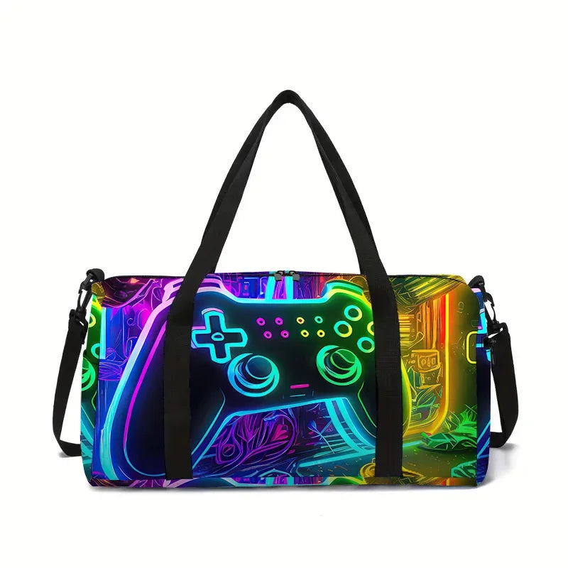 Sac de Voyage Polochon Manette de Jeu Néon — Sac Enfant Grande Capacité 45cm