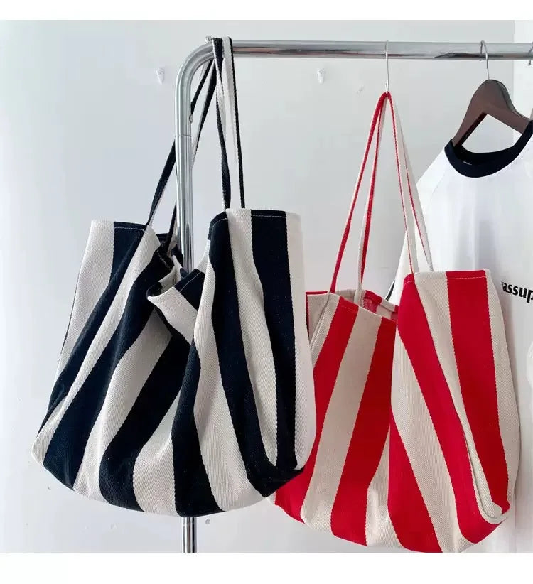 Grand Tote Bag Rayé Style Coréen — Sac Cabas Canvas Grande Capacité Femme