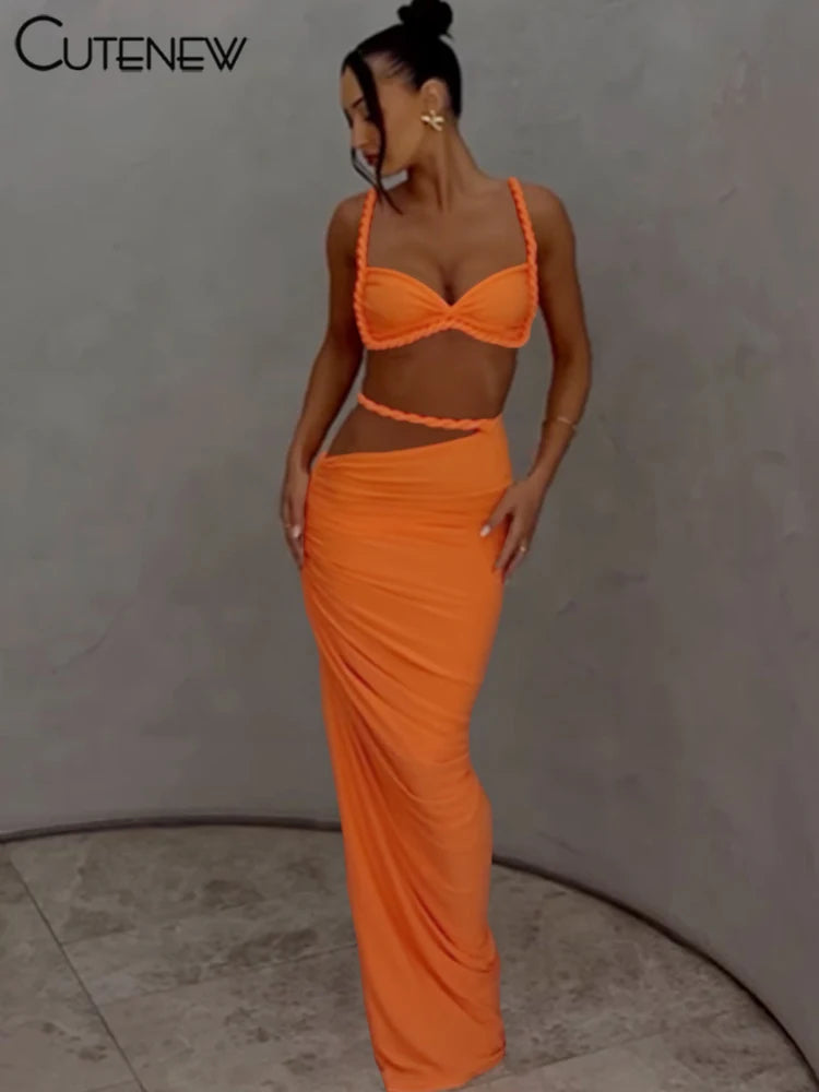 Ensemble 2 Pièces Femme — Crop Top Bretelles Plissé + Jupe Longue Taille Haute Style Vacances