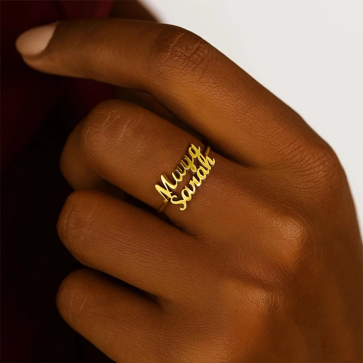 Bague Double Prénom Personnalisée Plaquée Or 18K — Acier Inoxydable Cadeau Femme