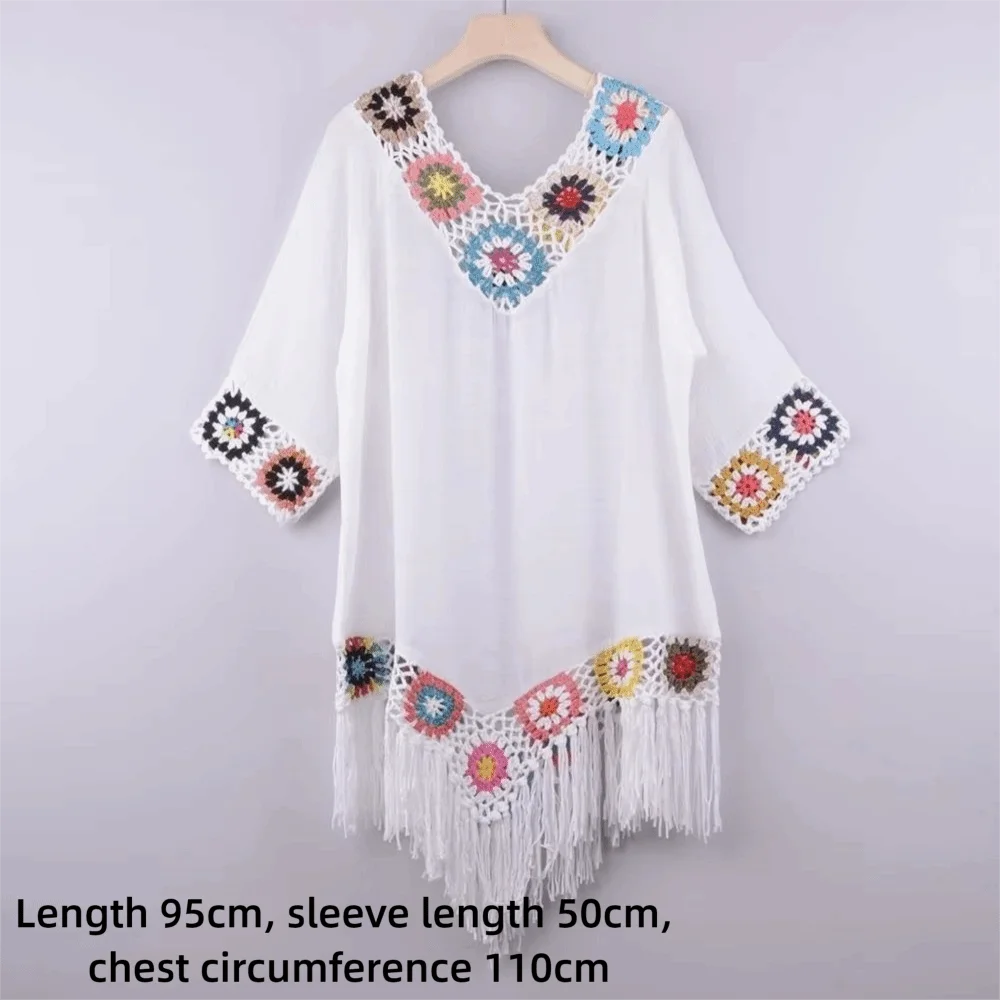 Robe Cover-Up Plage à Franges Crochet Ajourné — Col V Casual Femme