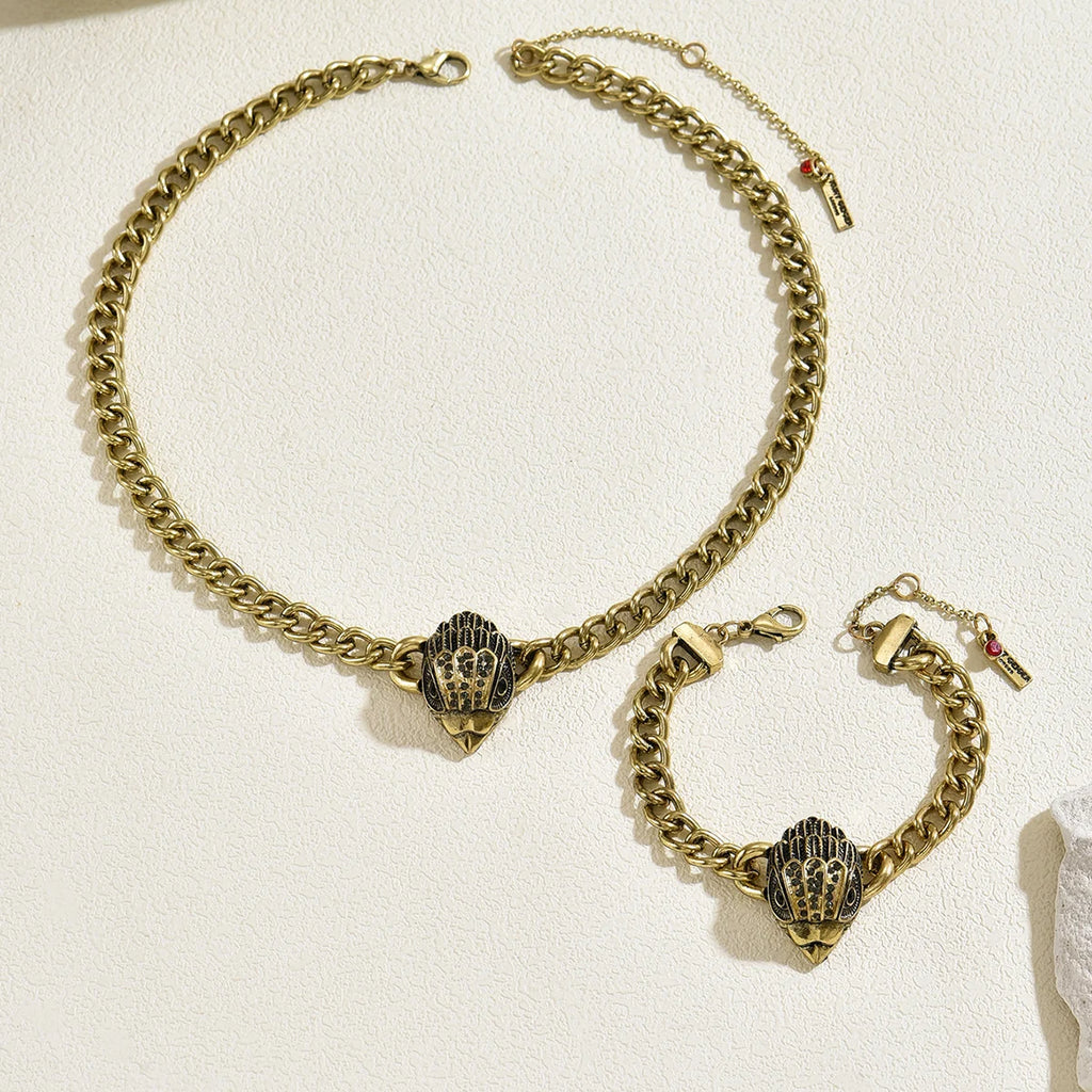 Ensemble Bijoux Punk 2 Pièces — Collier + Bracelet Chaîne Gourmette Tête d’Aigle Or Antique, Femme