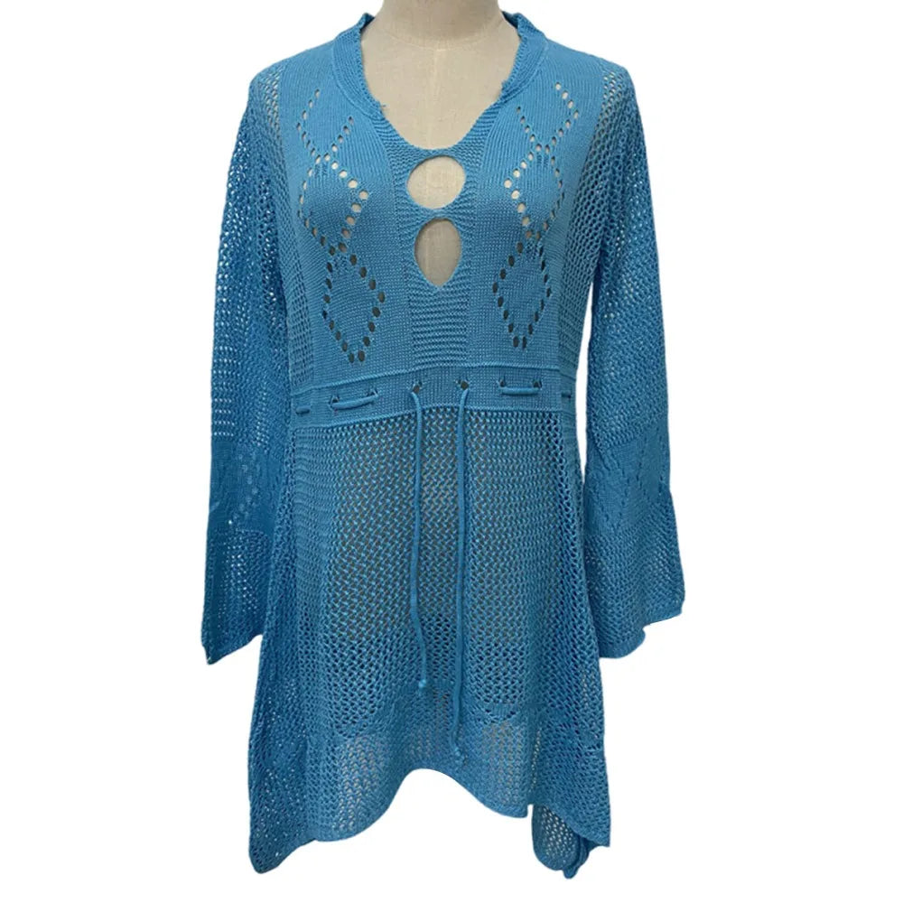 Chemise Cover-Up Plage Tricot Ajourné Col V — Protection Solaire Casual Femme