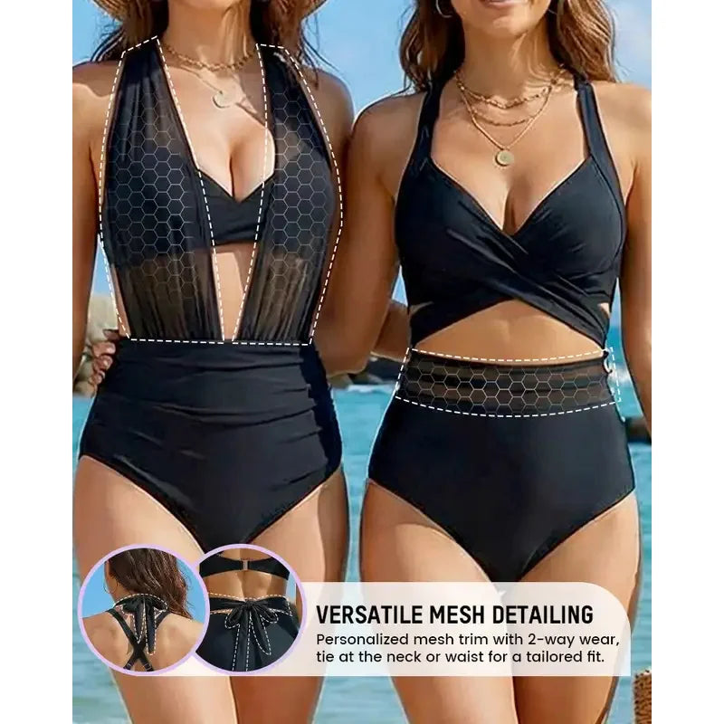 Maillot Une Pièce Monokini Mesh Col V — Swimsuit Gainant Femme