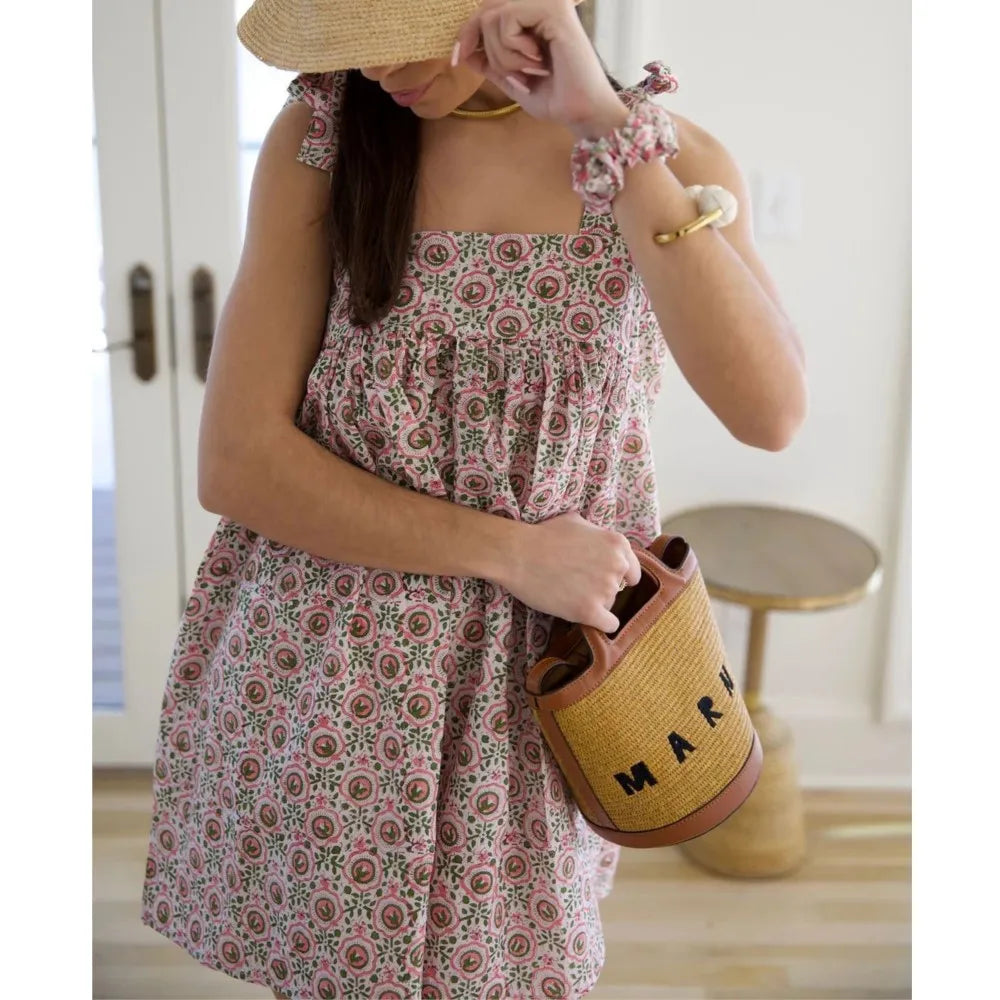 Robe Mini Fleurie Bretelles Nœud Col Carré — Robe Casual Femme Été