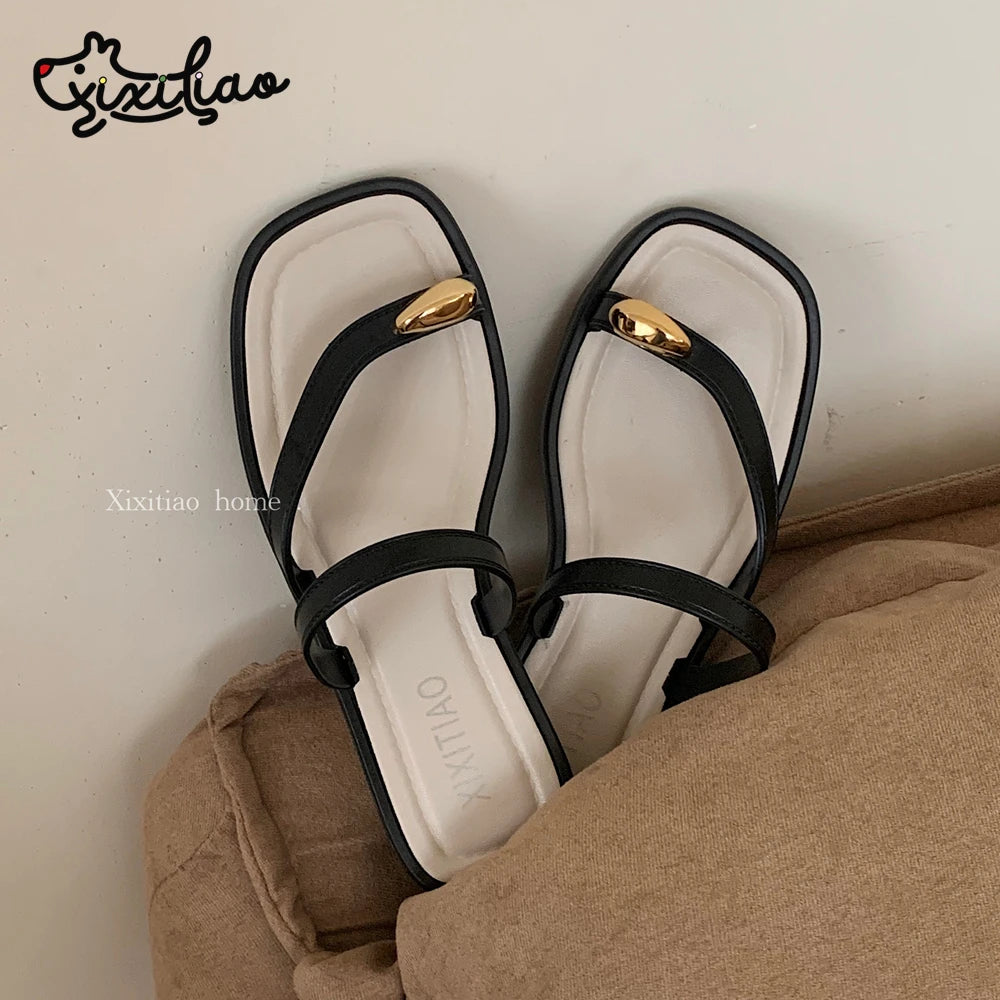 Sandales Minimalistes Style Français Bout Carré Ankle-Wrap Femme — Plage Été