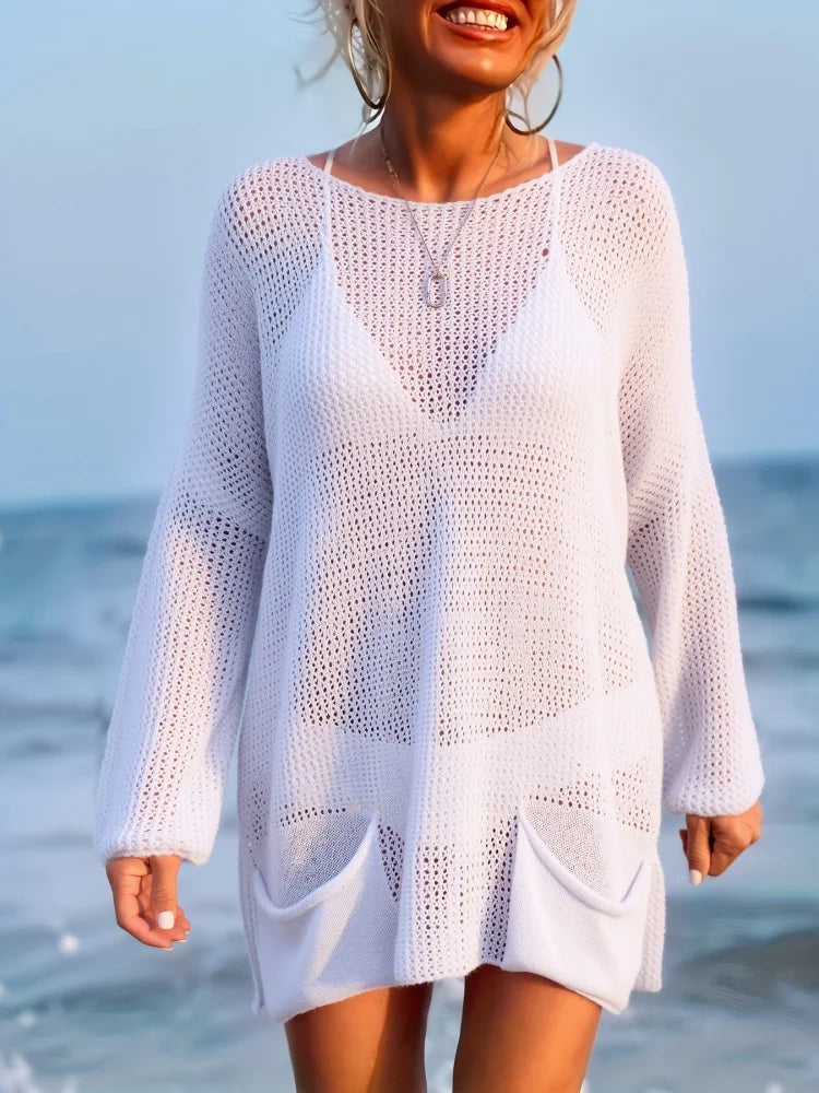 Cover-Up Plage Grande Taille — Pull Tricot Ajourné Col Asymétrique Femme