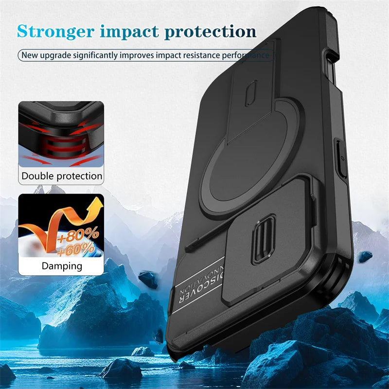 Coque MagSafe iPhone — Protection Objectif Coulissante, Support Intégré, Charge Sans Fil