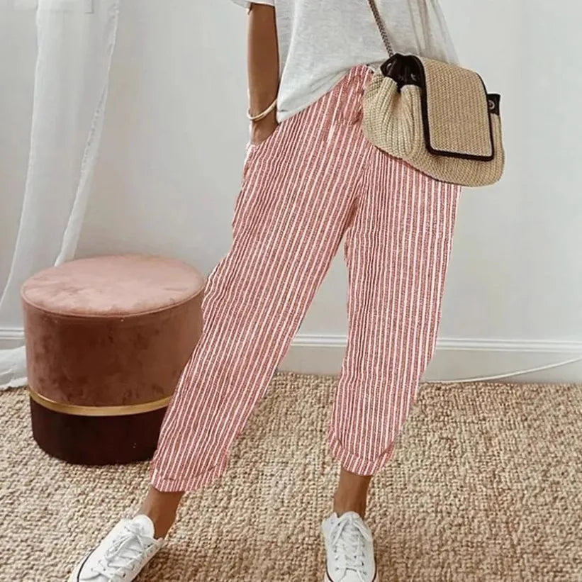 Pantalon Large Rayures Femme – Taille Élastique Casual Style Anglais