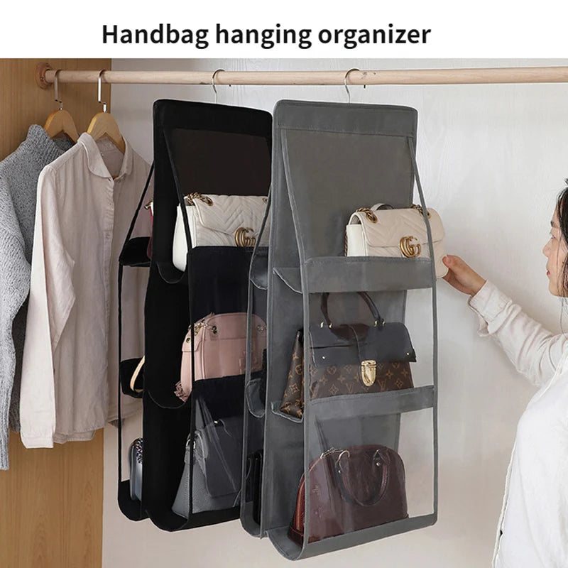 Organiseur Suspendu pour Sacs à Main – 6 ou 8 Pochettes Transparentes, Pliable