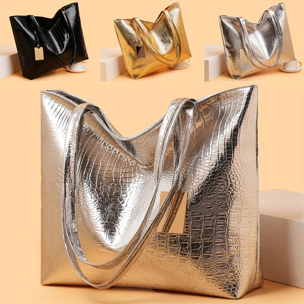 Sac Cabas Vintage Grande Capacité — Tote Bag Finition Métallique Femme Bureau
