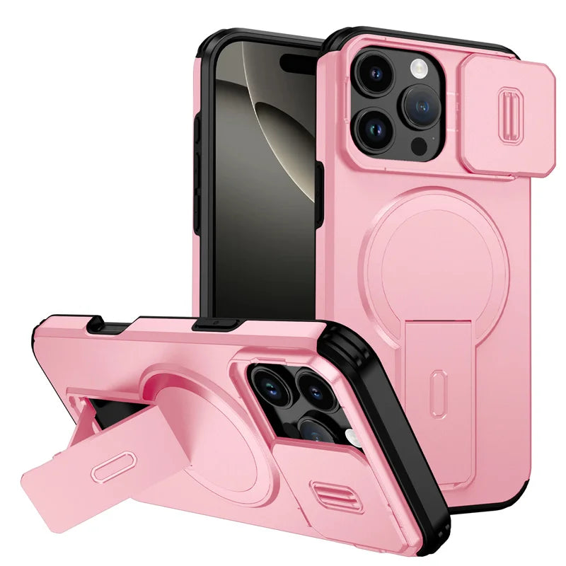 Coque MagSafe iPhone — Protection Objectif Coulissante, Support Intégré, Charge Sans Fil