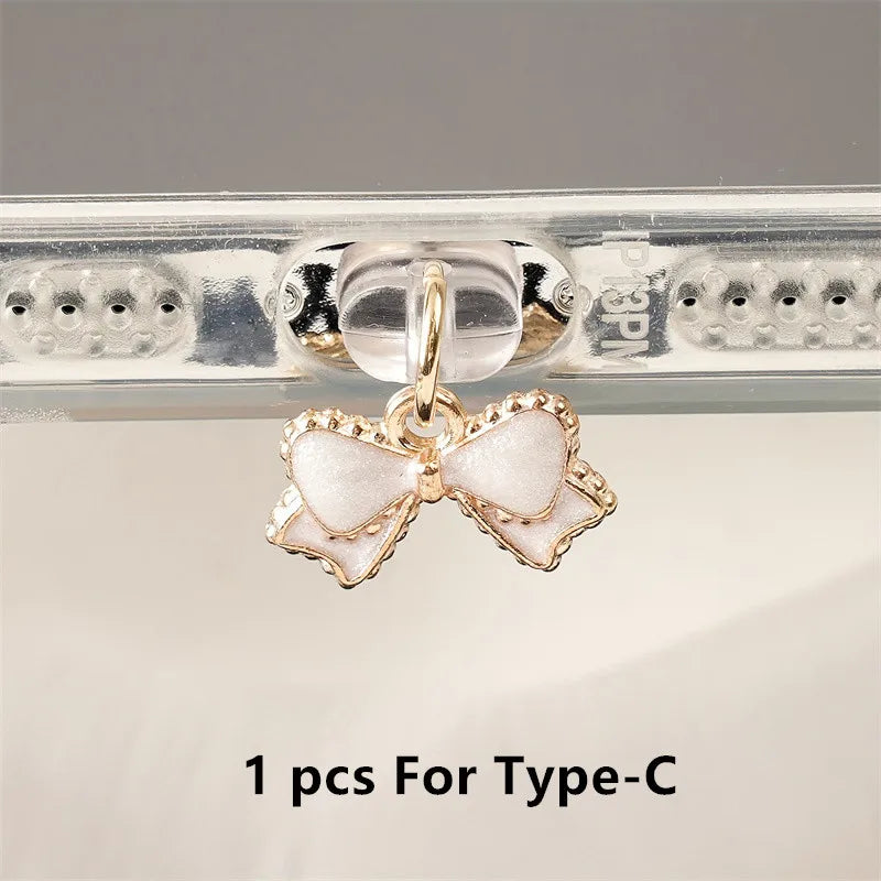 Bouchon Anti-poussière Nœud Papillon Rose & Blanc — Port Lightning, USB-C & Android