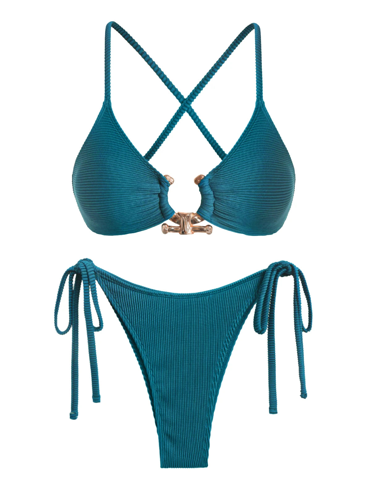 Bikini 2 Pièces Tanga Dos Croisé Anneau Métal — Maillot de Bain Femme Vert Profond
