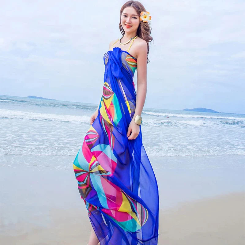 Paréo Chiffon Géométrique Grande Taille — Sarong Cover-Up Plage Femme