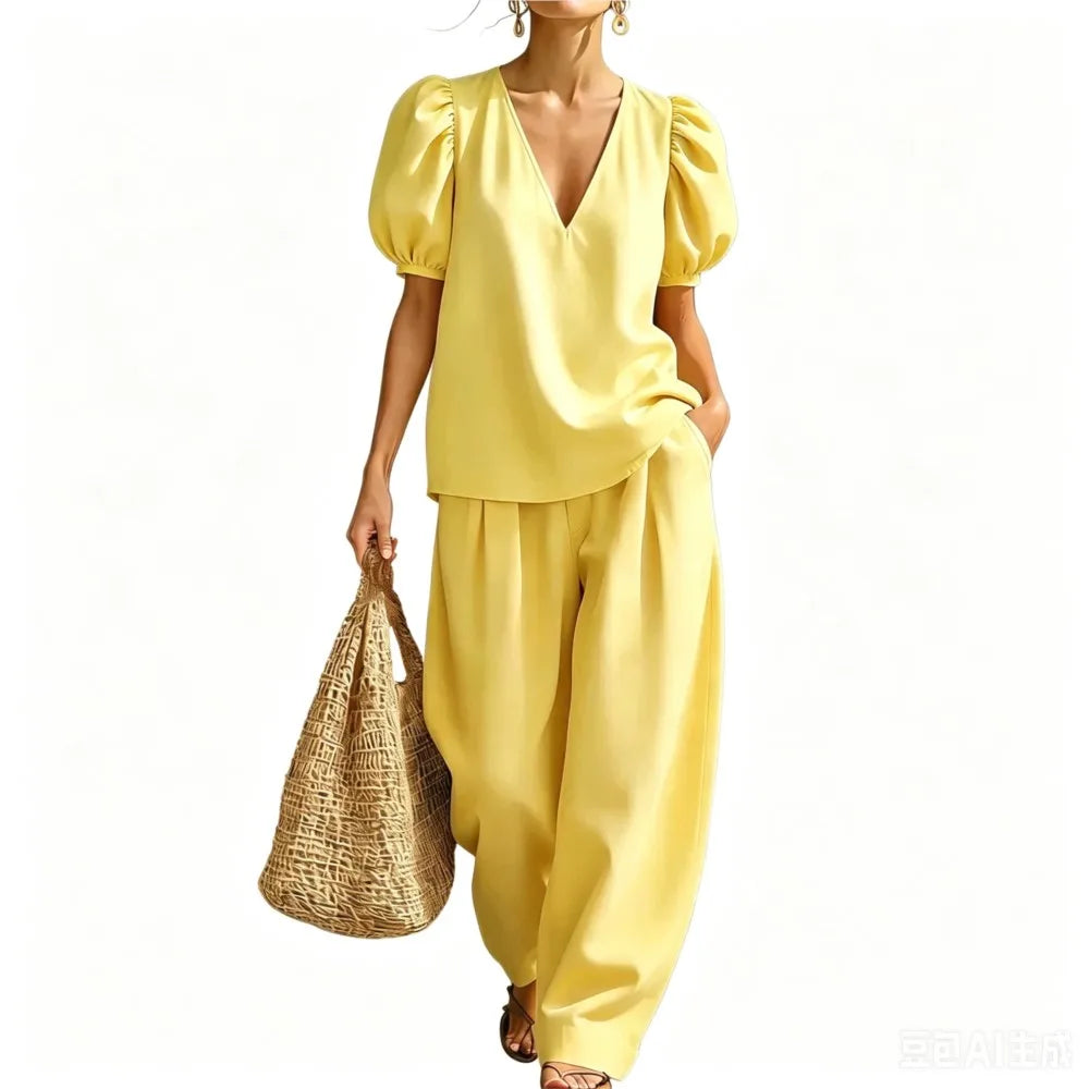 Ensemble 2 Pièces Femme — Top Col V Manches Bouffantes + Pantalon Large Taille Haute Poches