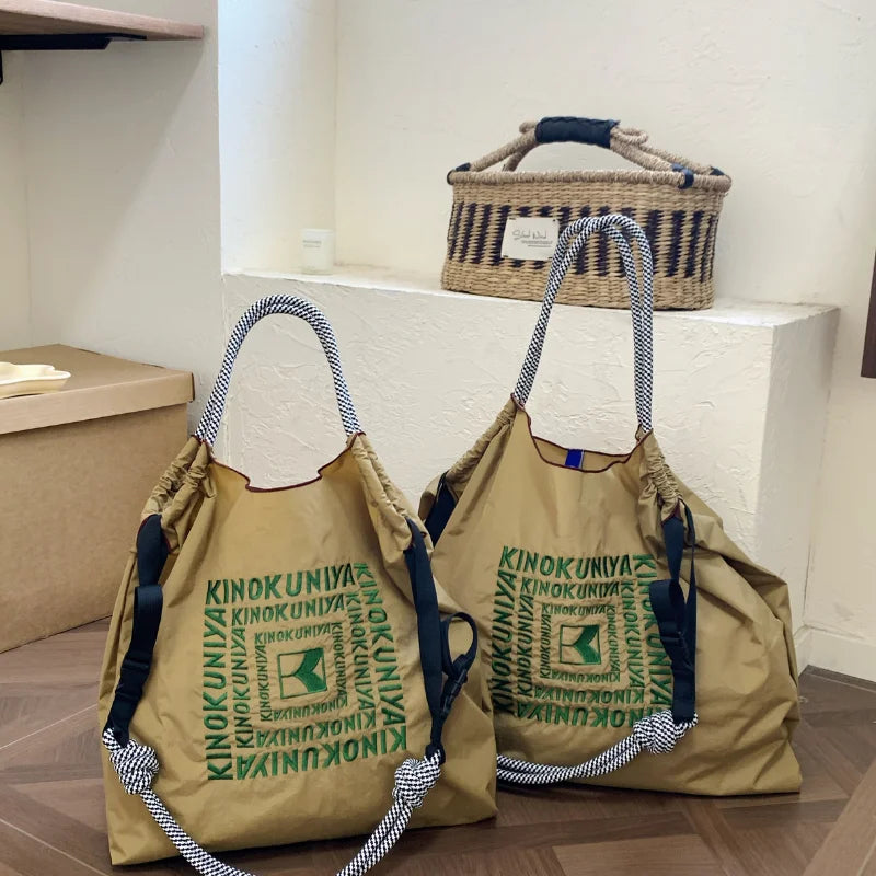 Sac Épaule Nylon Brodé Pliable — Tote Bag Femme Léger & Multifonction