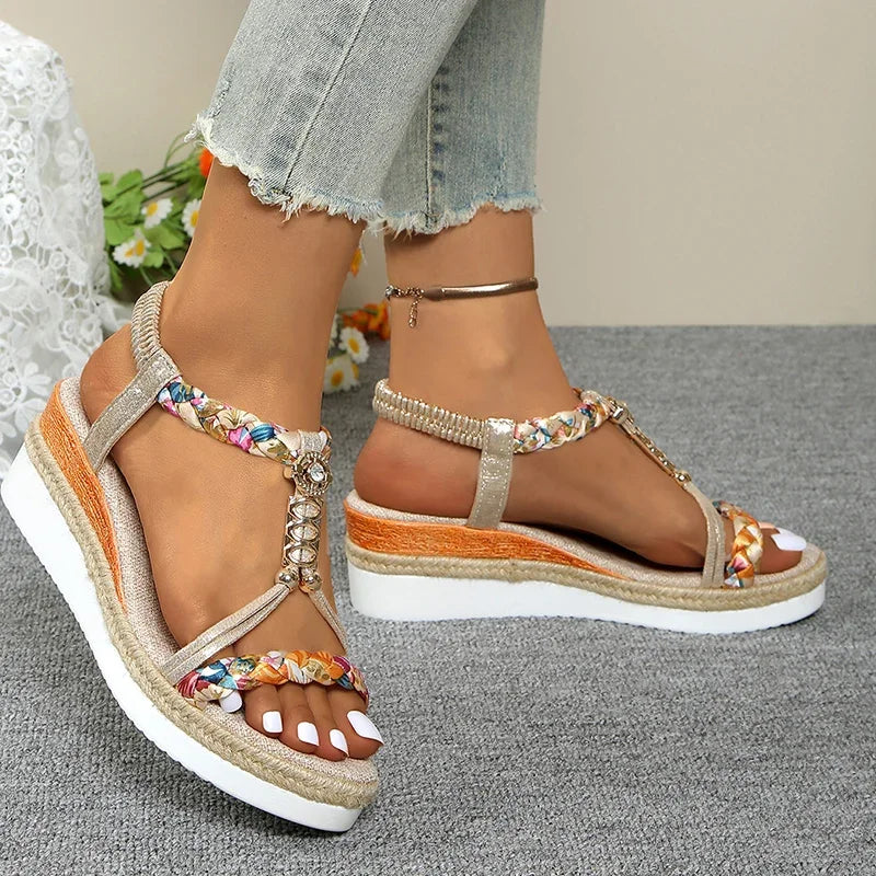 Sandales T-Strap Plateforme Wedge Femme — Talon 6cm Bicolore Or & Argent Été