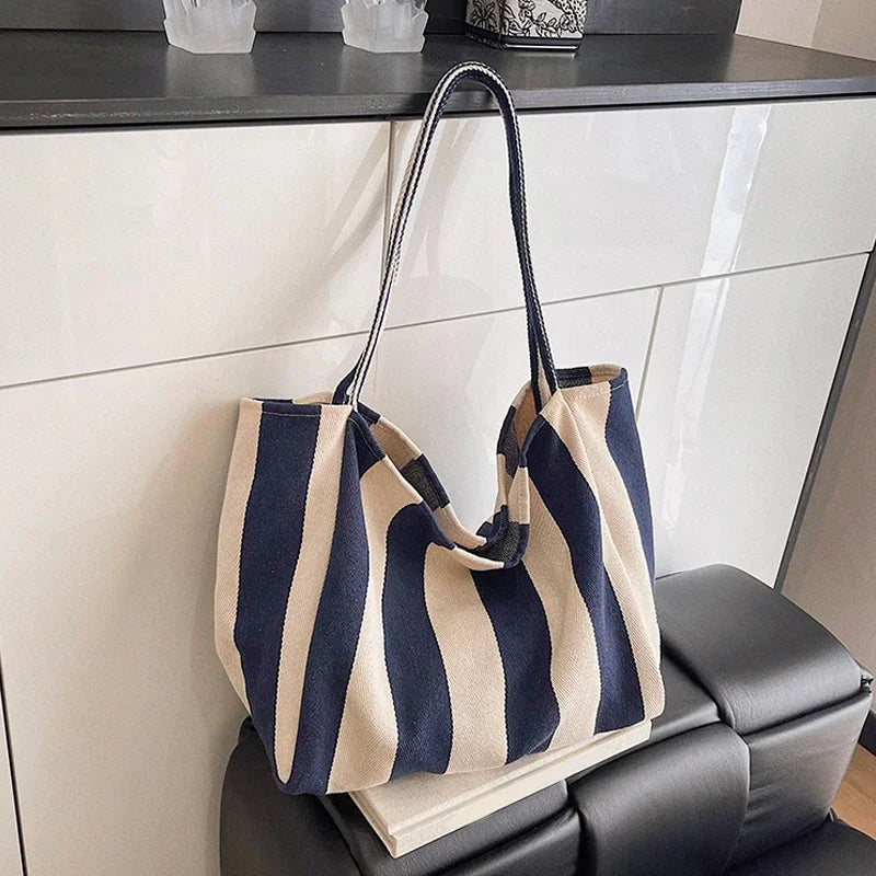 Grand Tote Bag Rayé Style Coréen — Sac Cabas Canvas Grande Capacité Femme