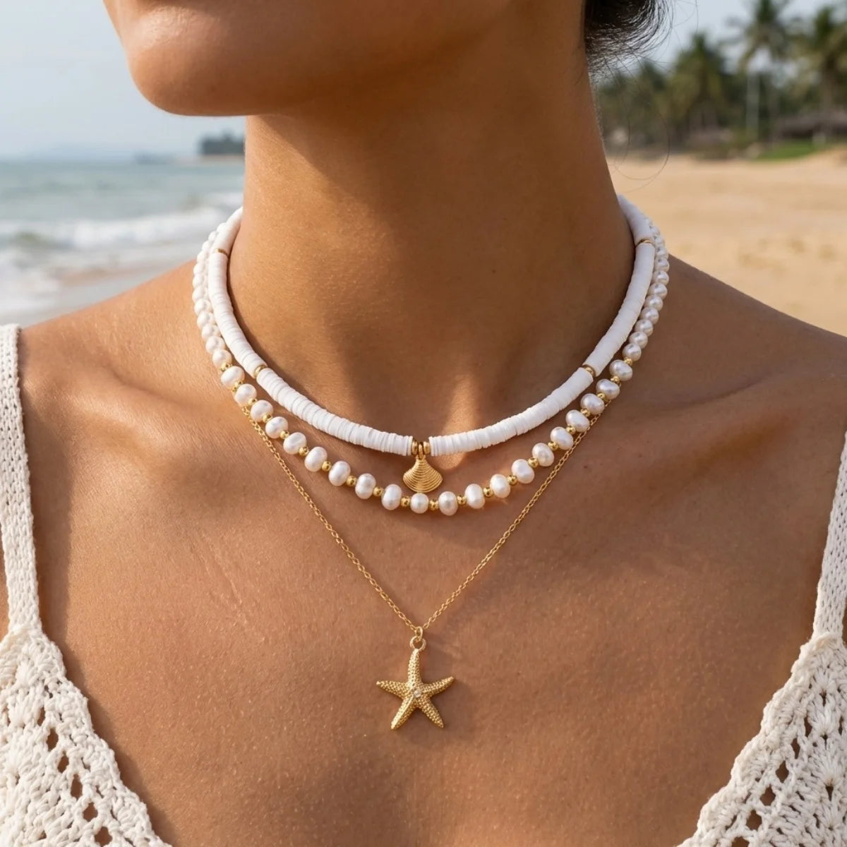 Collier Ras-du-Cou Coquillage Étoile de Mer — Multicouche Perles & Argile, Style Boho Été