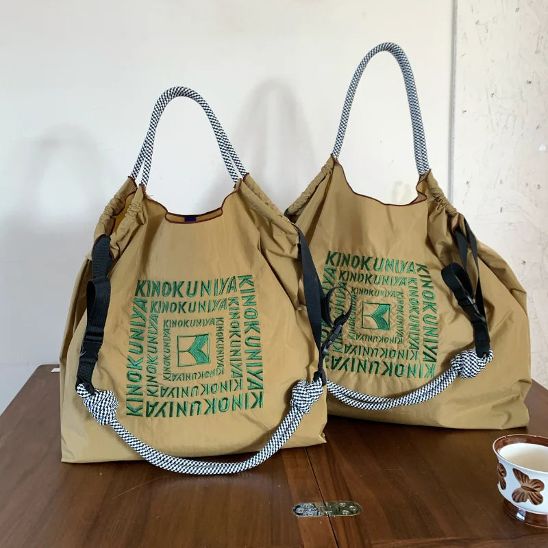 Sac Épaule Nylon Brodé Pliable — Tote Bag Femme Léger & Multifonction