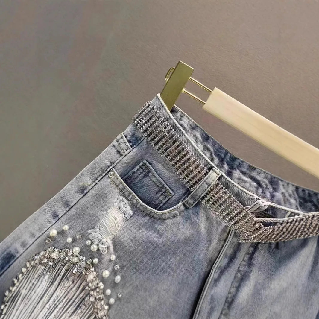 Short Jean Destroyé Femme – Ceinture Strass Franges Perles Style Streetwear