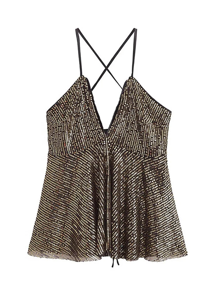 Top Sequins Camisole Dos Nu Brillant — Haut Paillettes Plissé Femme