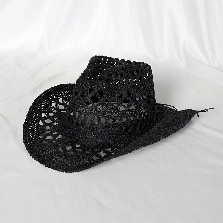 Chapeau de Cowboy Tendance Ajouré — Fait Main en Paille, Style Boho Plage Unisexe