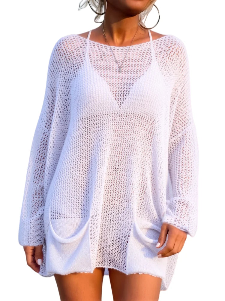 Cover-Up Plage Grande Taille — Pull Tricot Ajourné Col Asymétrique Femme
