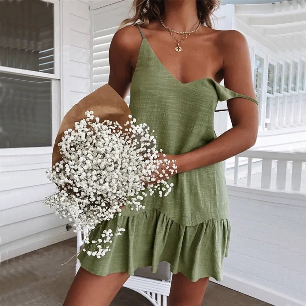 Robe Mini Coton Lin Bretelles À Volants — Robe Été Casual Femme