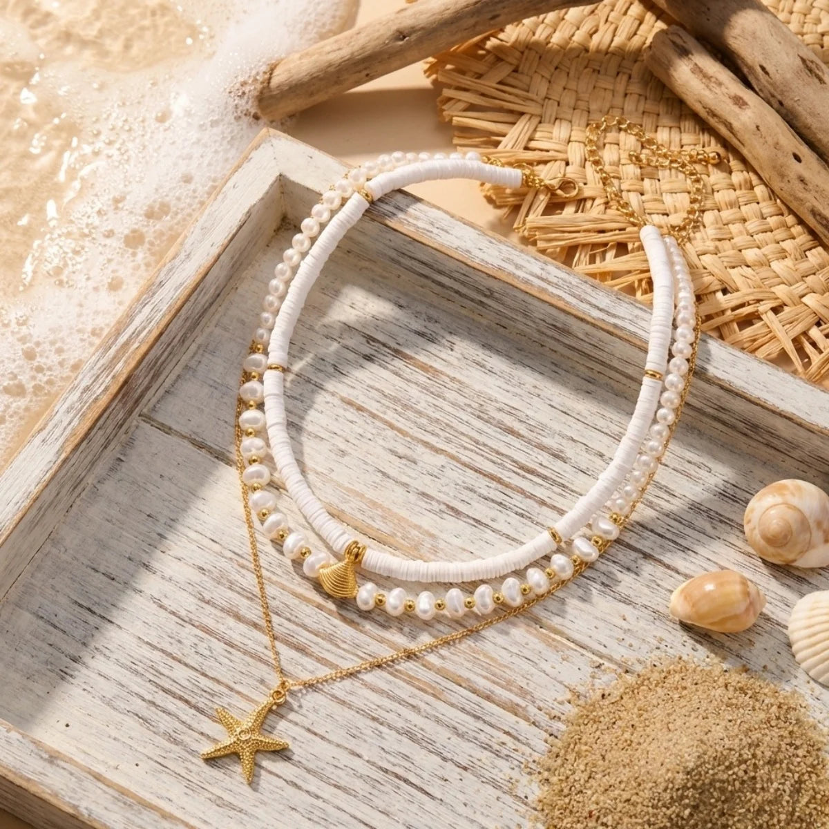 Collier Ras-du-Cou Coquillage Étoile de Mer — Multicouche Perles & Argile, Style Boho Été