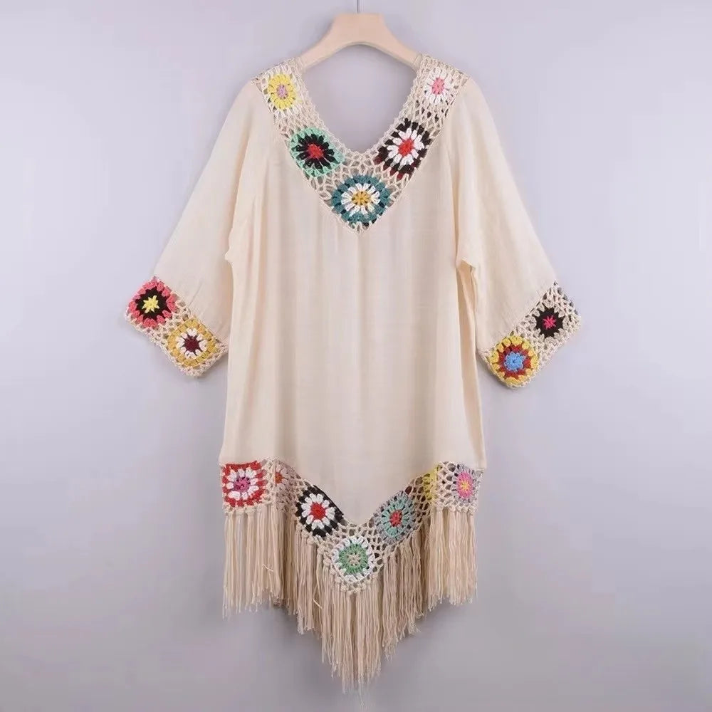 Robe Cover-Up Plage à Franges Crochet Ajourné — Col V Casual Femme